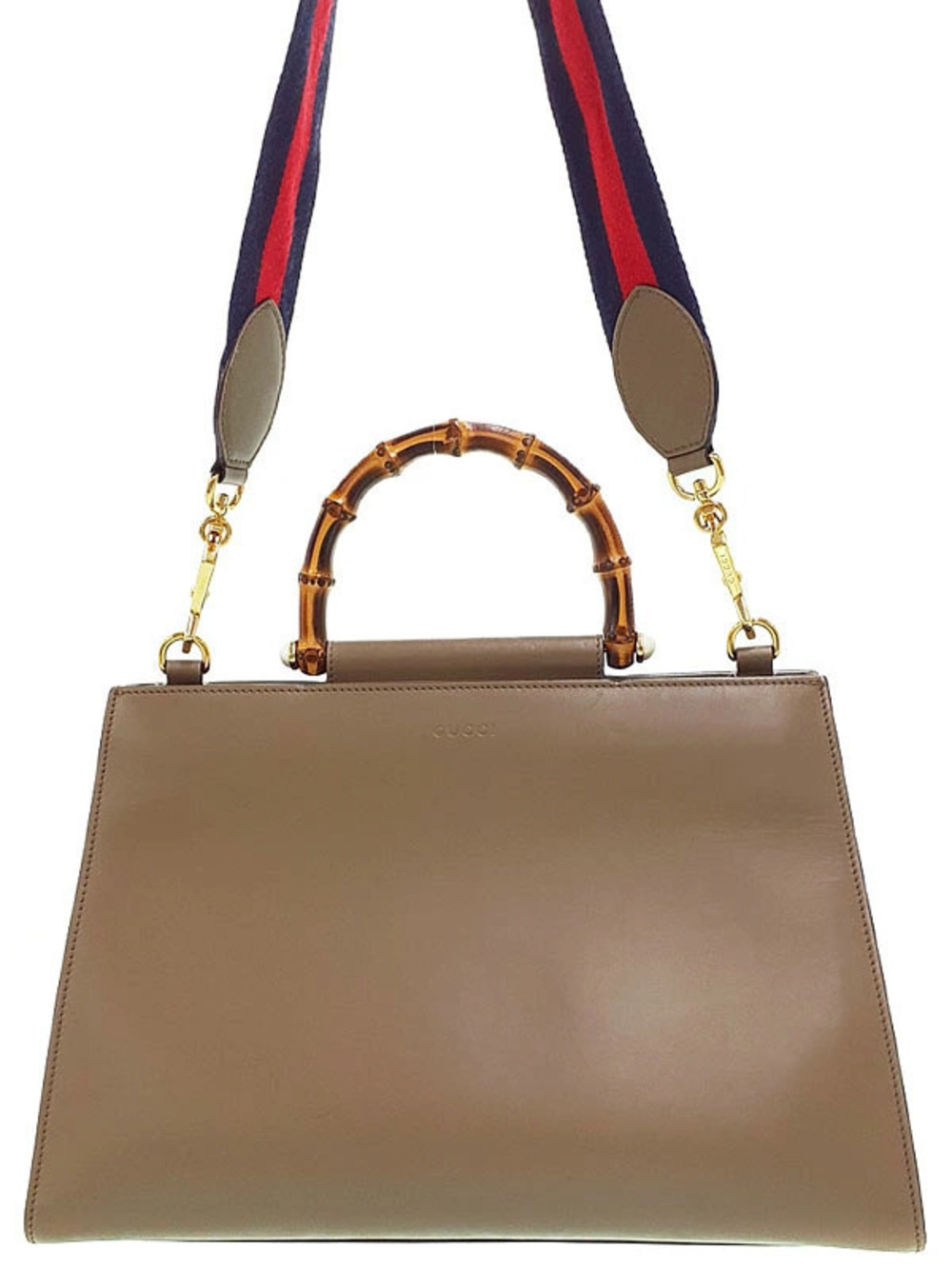 Gucci Nymphaea Leather Top Handle Bag Taupe Gray brown bamboo